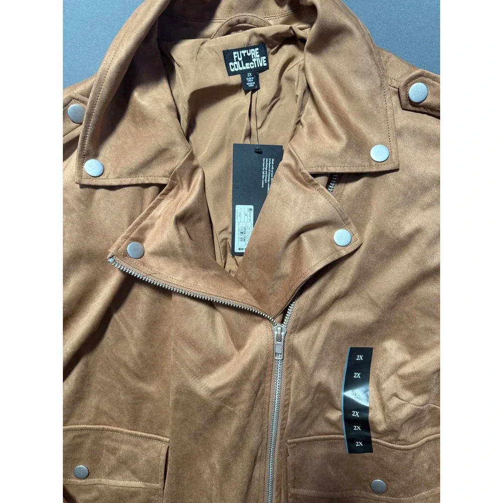 Faux Suede Bomber Jacket Womens Tan Camel Zip Up Utility - Picture 4 of 6